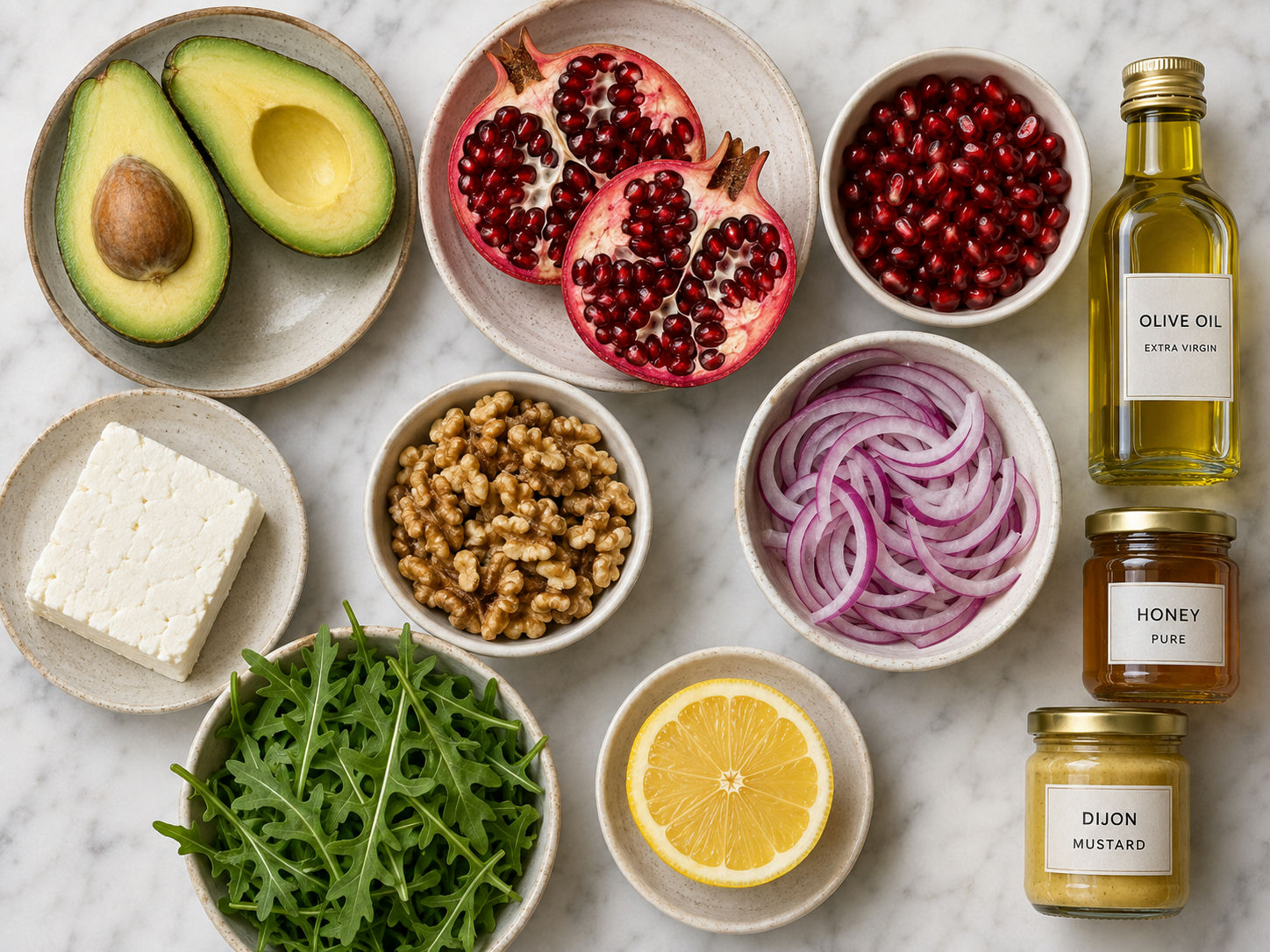 Raw ingredients for avocado and pomegranate salad including feta and walnuts