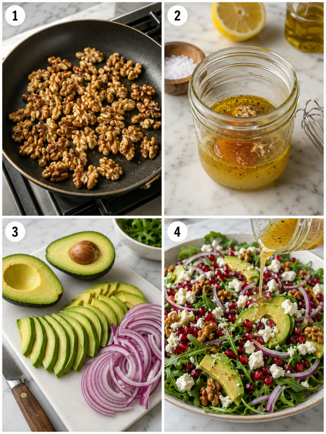 Four steps of making avocado and pomegranate salad from deseeding to dressing