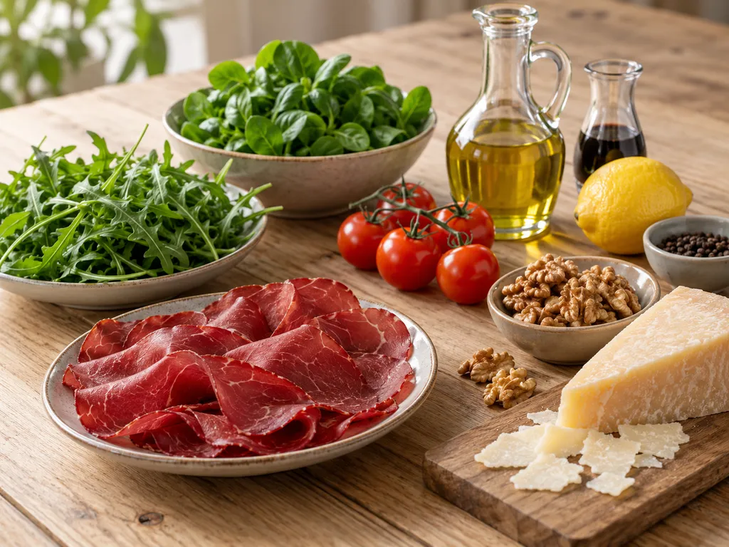 Składniki na sałatkę z bresaolą z rukolą, parmezanem i orzechami