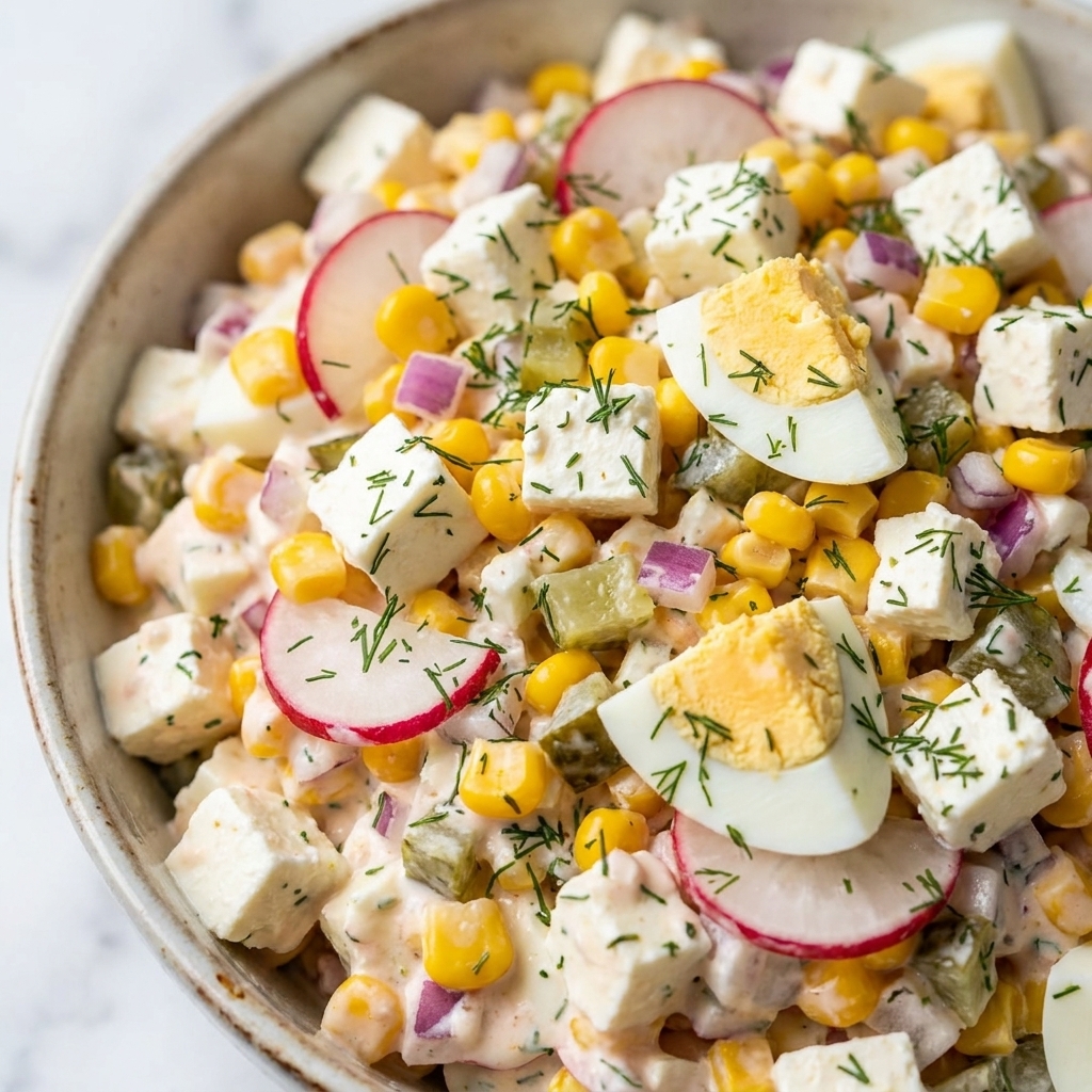 Diced salad with feta, corn, hard-boiled egg, pickled cucumber and dill in a bowl