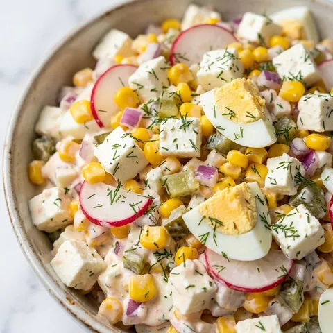 Diced salad with feta, corn, hard-boiled egg, pickled cucumber and dill in a bowl