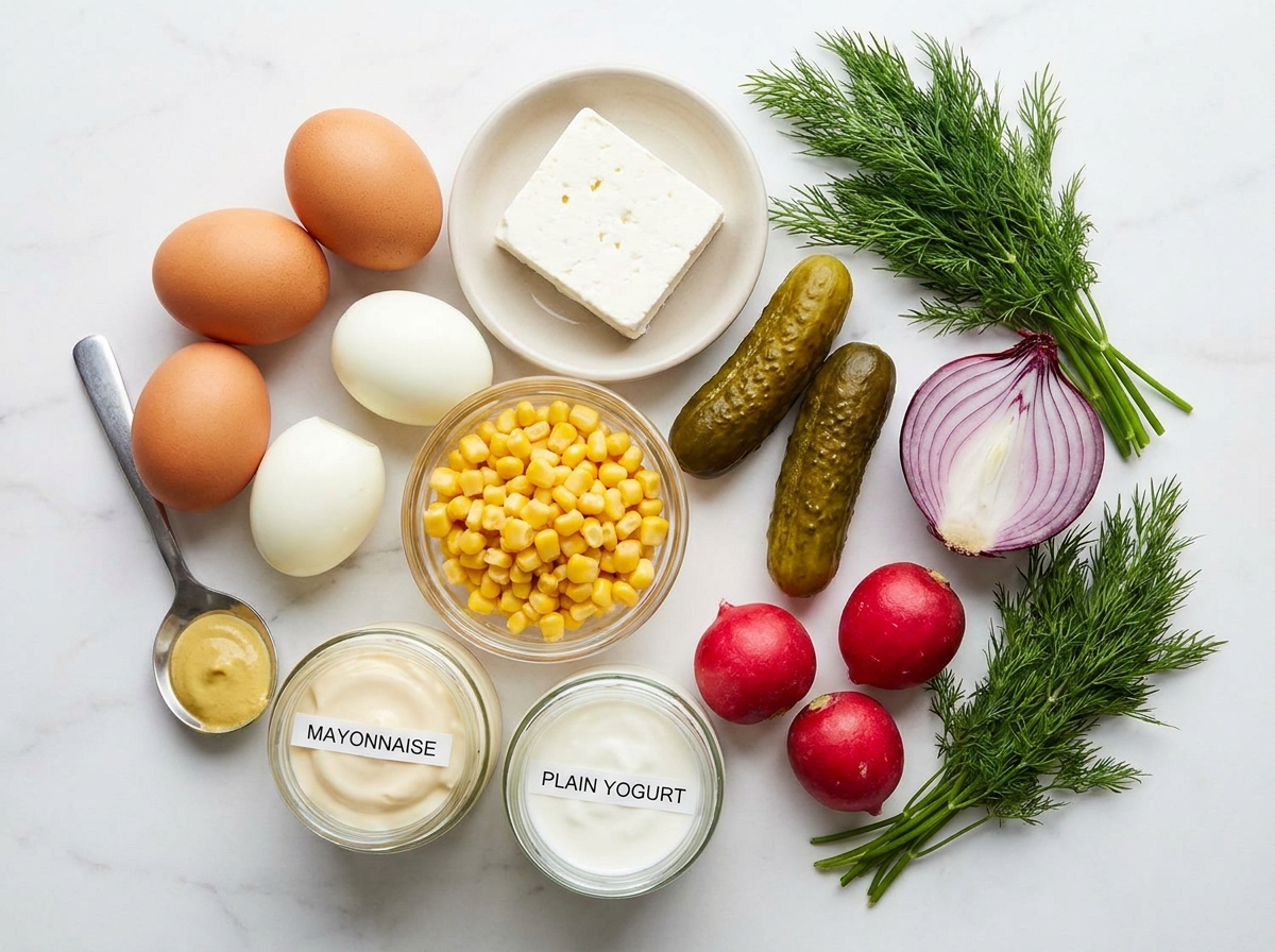 Raw ingredients for feta, corn and egg salad including feta, eggs, corn and radishes