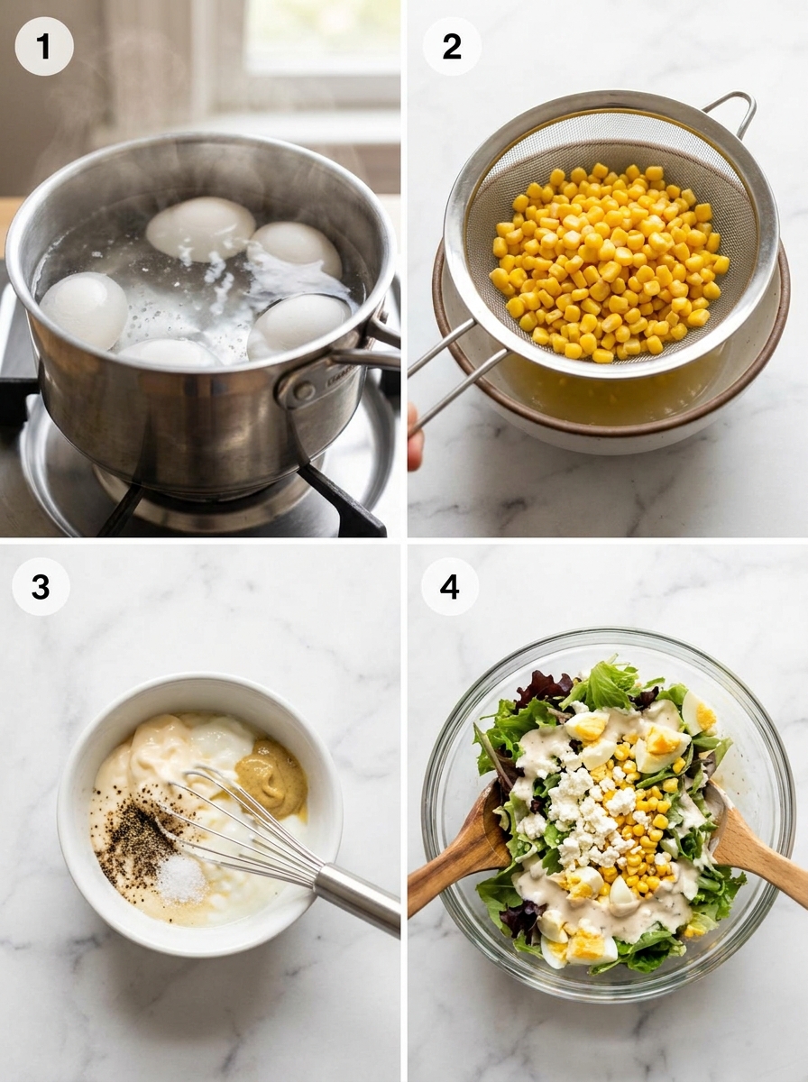 Four steps of making feta, corn and egg salad from boiling eggs to mixing the dressing