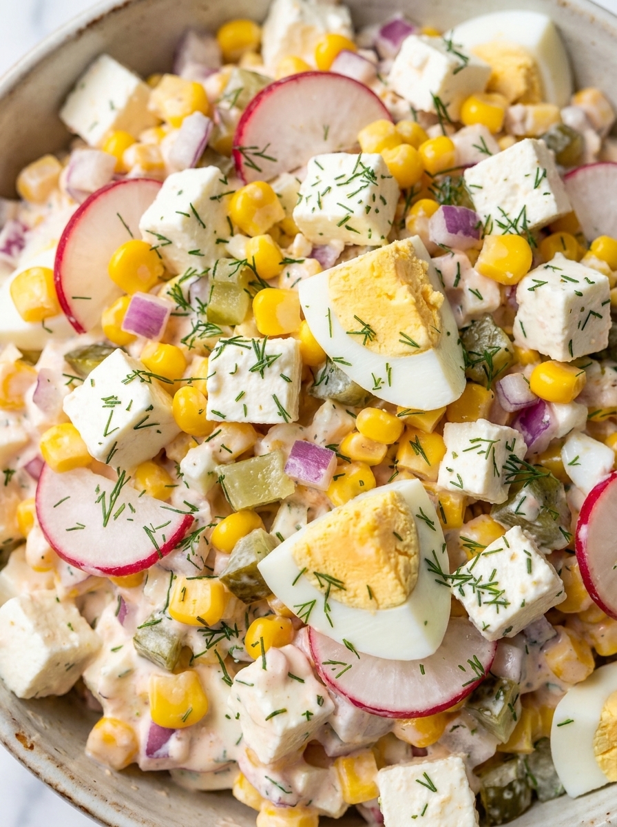Top-down bowl of creamy feta, corn and egg salad with dill and radish