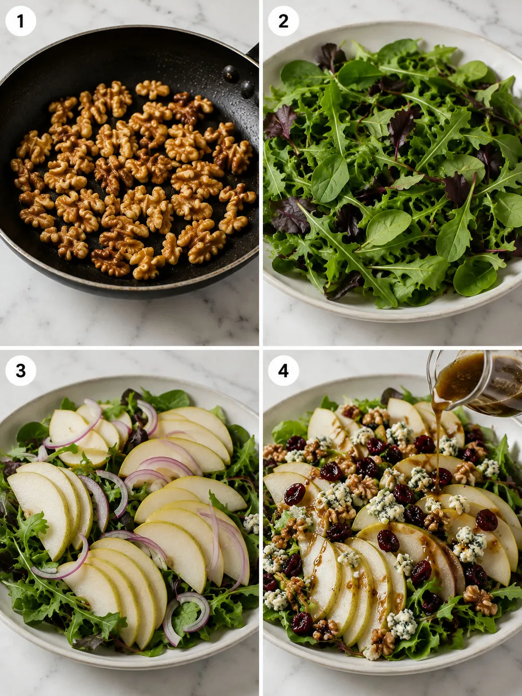 Four steps of making pear and blue cheese salad from toasting walnuts to plating