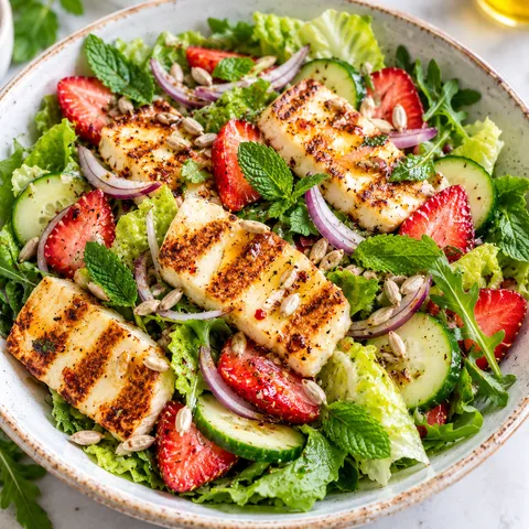 Sałatka z halloumi, truskawkami, ogórkiem i miętą