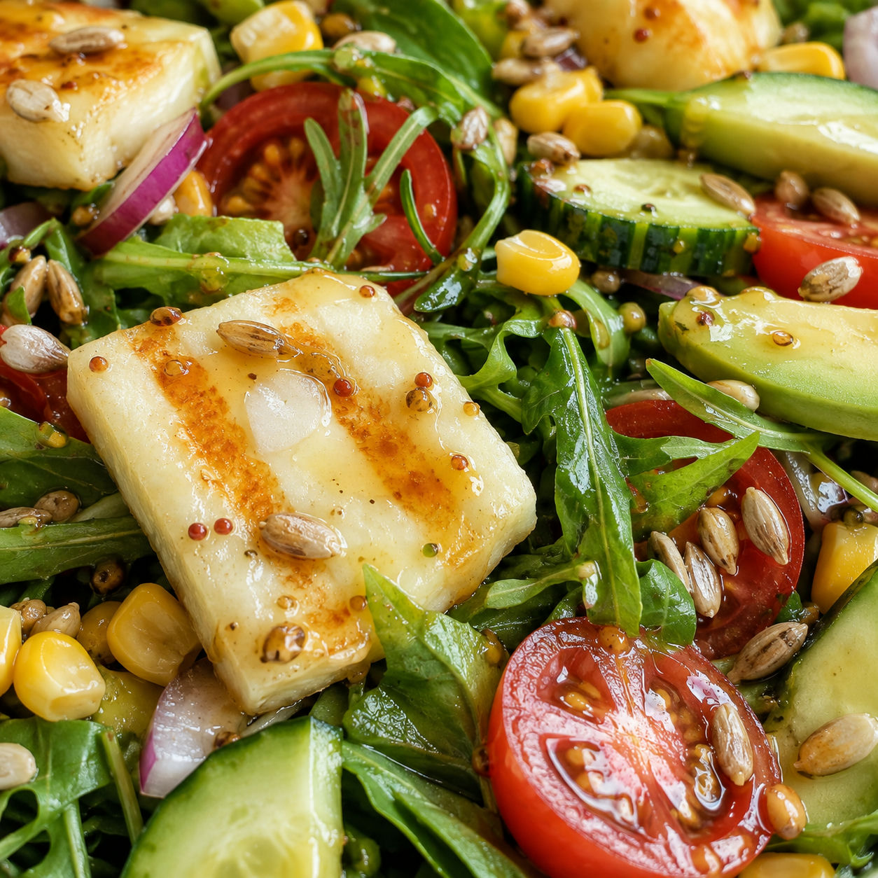 Grillowane halloumi na sałatce z rukolą, pomidorkami i sosem miodowo-musztardowym