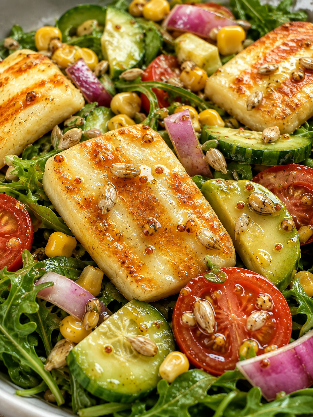 Widelec z kawałkiem złocistego halloumi nad sałatką z rukolą i awokado