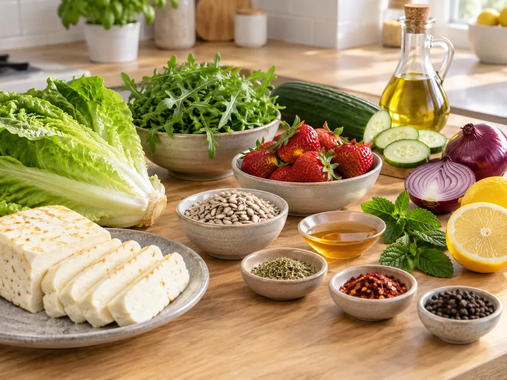 Składniki na sałatkę z halloumi z truskawkami i ogórkiem