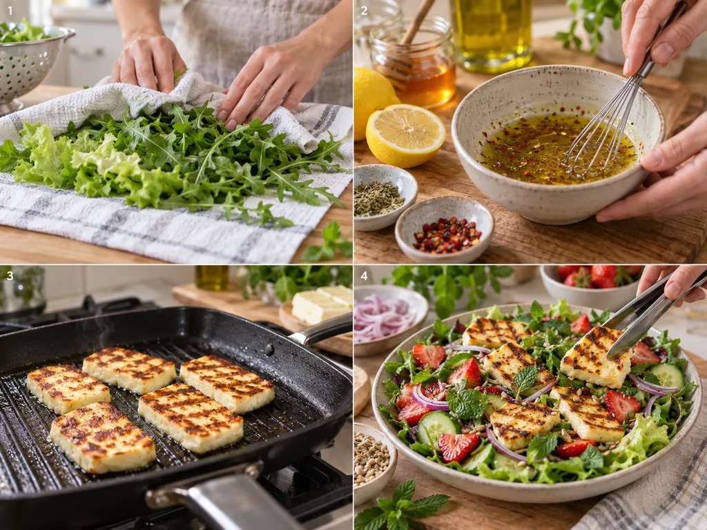 Cztery kroki przygotowania sałatki z halloumi i truskawkami