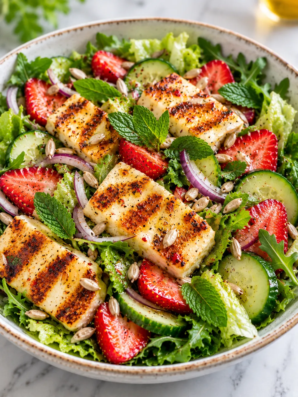 Talerz sałatki z halloumi, truskawkami, ogórkiem i miętą