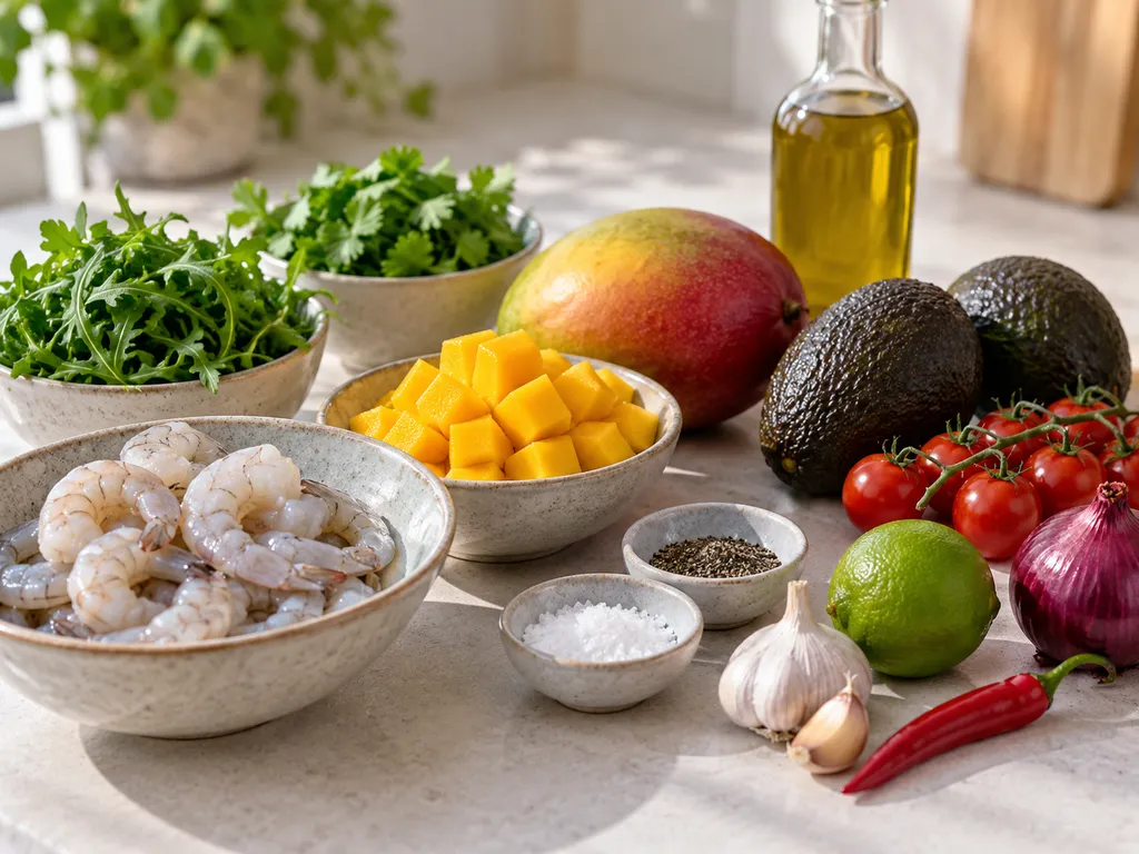 Składniki na sałatkę z krewetkami, mango, awokado i limonką
