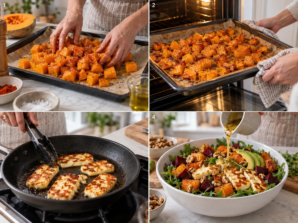 Cztery etapy przygotowania sałatki z dynią i halloumi