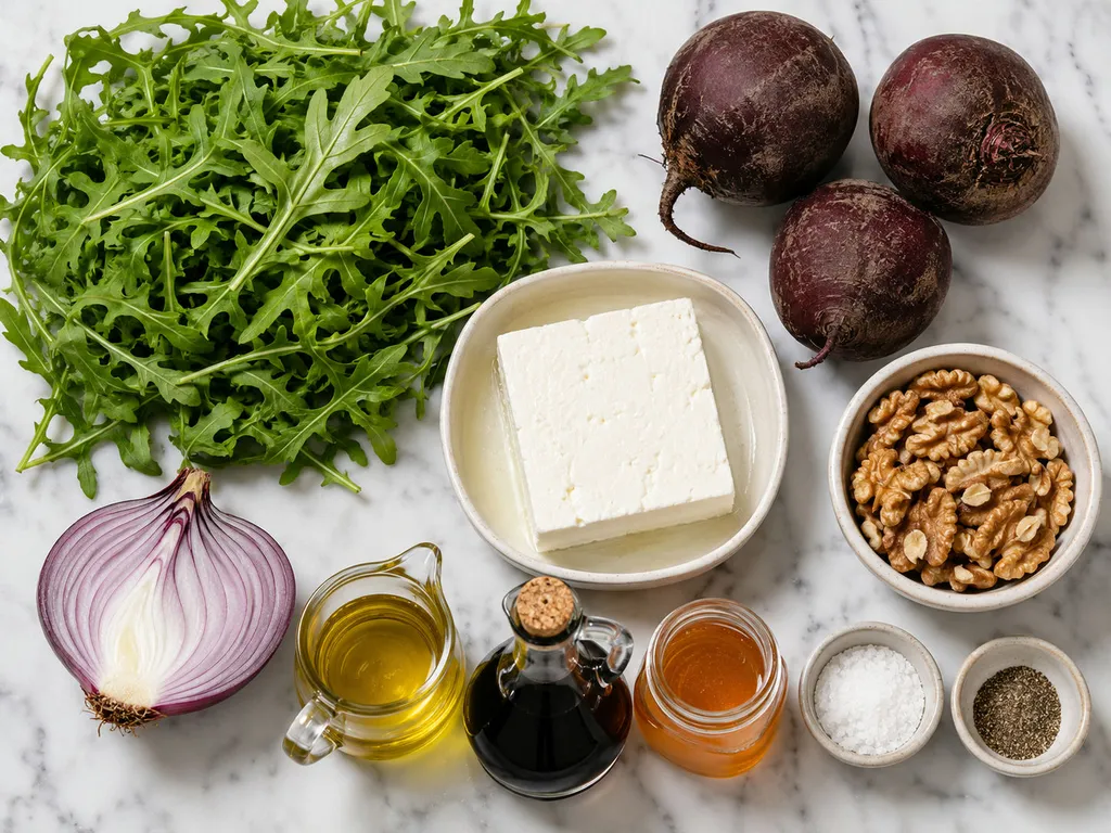 Raw arugula, whole beets, feta cheese, walnuts and red onion on a wooden board