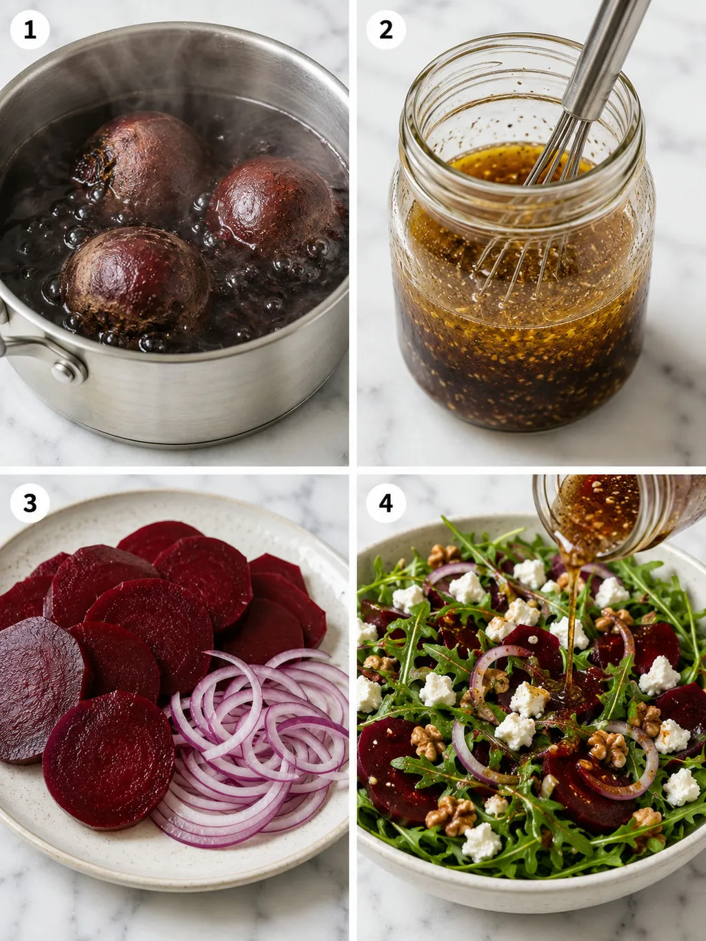 Four steps of making arugula salad with beets, feta and toasted walnuts