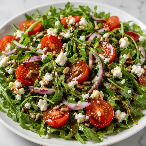 Arugula salad with halved cherry tomatoes, feta and red onion on a white plate