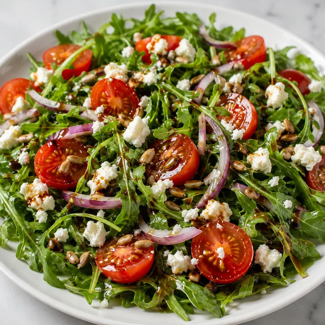 Arugula salad with halved cherry tomatoes, feta and red onion on a white plate