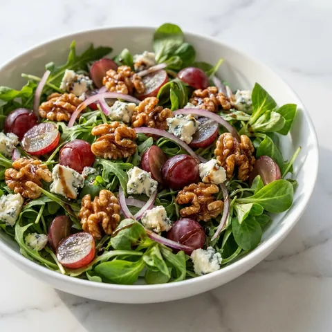 Blue cheese and grape salad with walnuts and arugula on a white plate