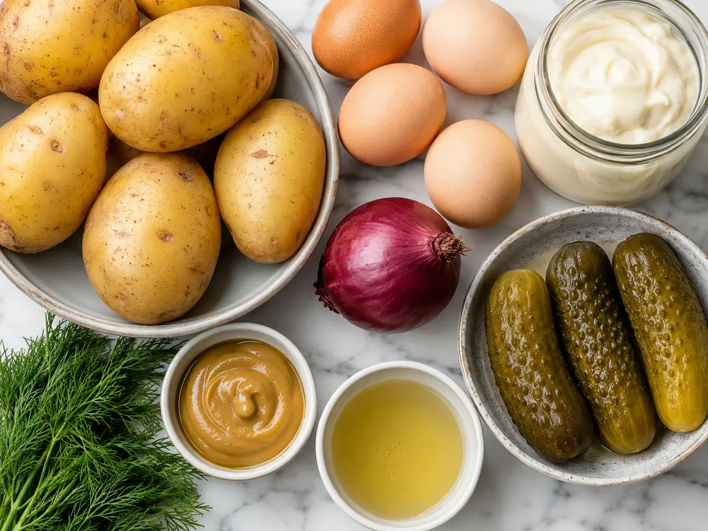 Raw ingredients for Polish potato salad including potatoes, eggs, and dill pickles