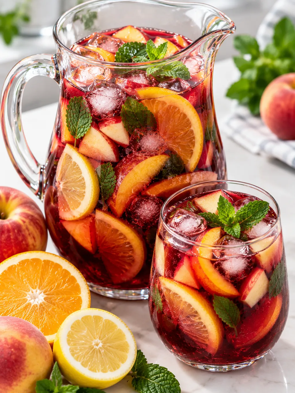 Bezalkoholowa sangria z cytrusami, owocami, lodem i miętą w szklance