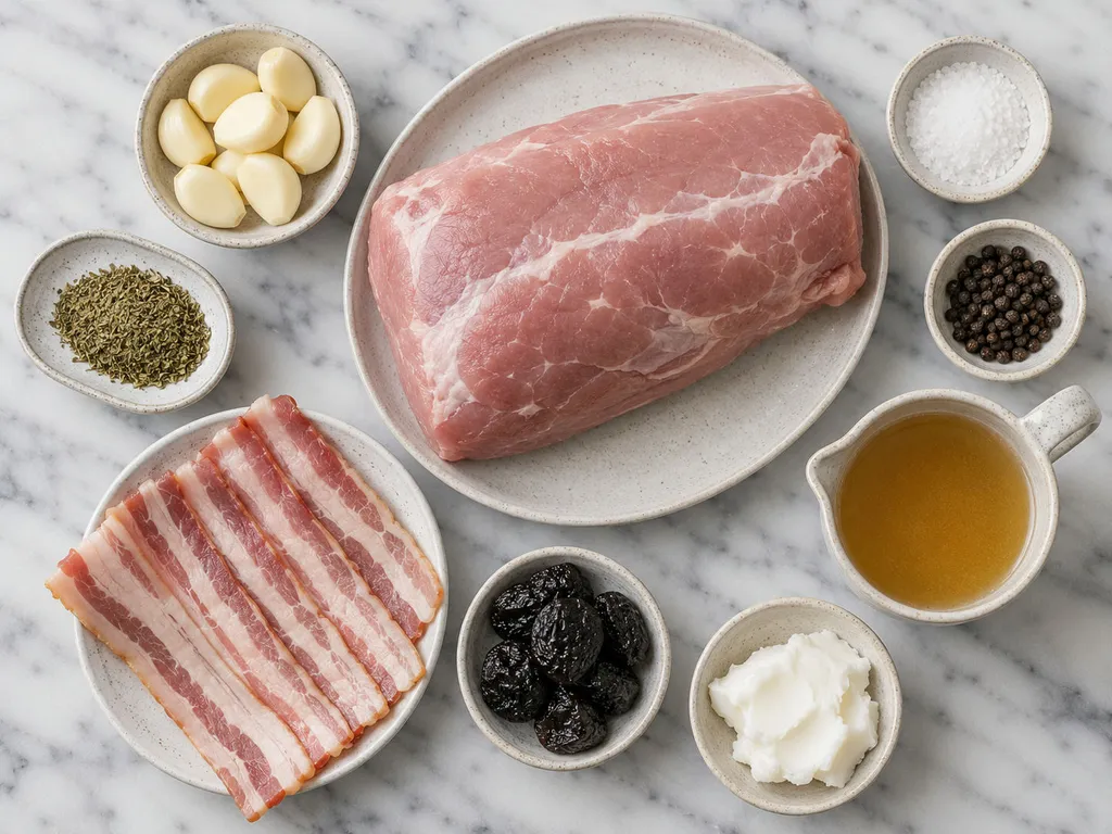 Raw pork loin, garlic, marjoram and bacon ingredients on a wooden board