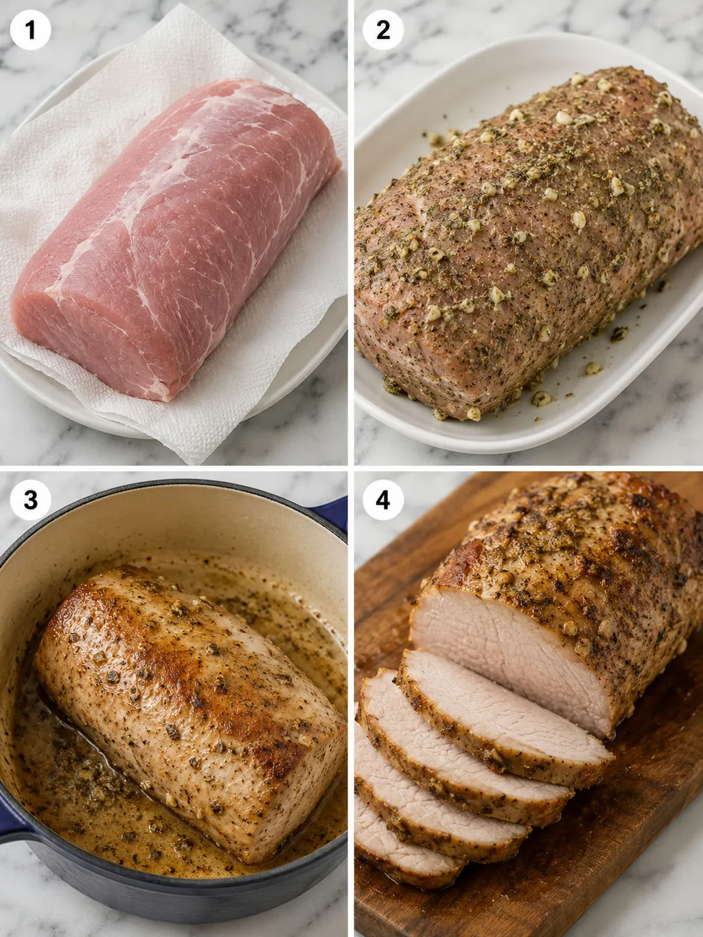 Four steps of preparing and roasting Polish garlic marjoram pork loin