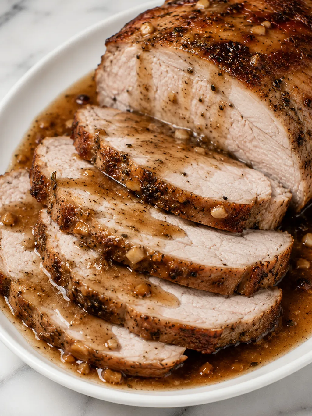 Close-up of sliced garlic-studded roasted pork loin with glossy pan gravy