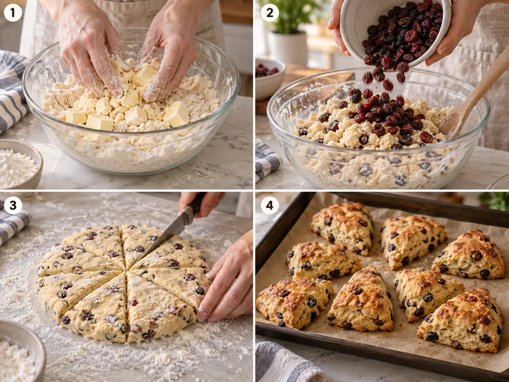Cztery etapy przygotowania scones z suszonymi owocami