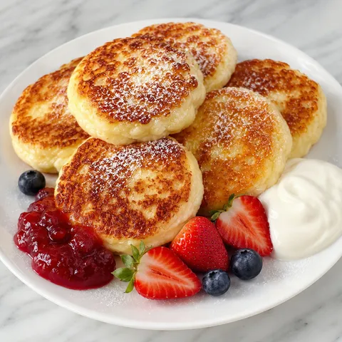 Stack of golden farmer's cheese pancakes dusted with powdered sugar and sour cream