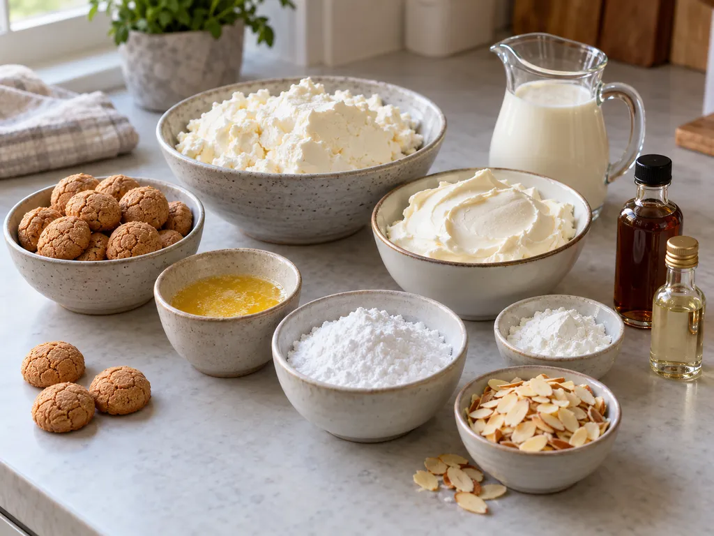 Składniki na sernik amaretto z twarogiem, mascarpone i amaretti