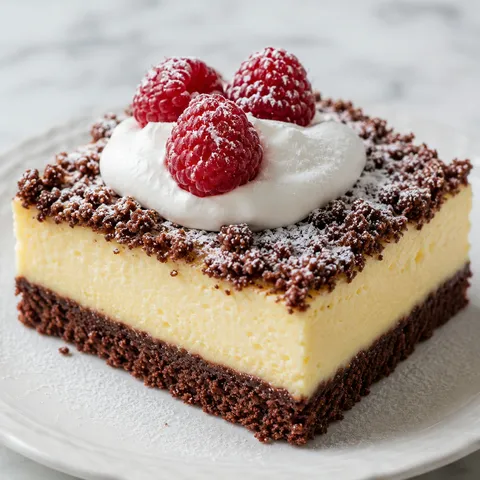 Slice of creamy no-bake semolina cheesecake topped with sour cream and raspberries
