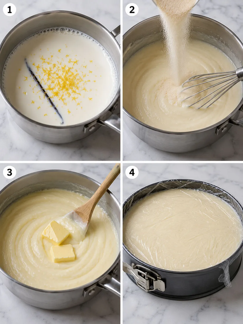 Four steps of making a no-bake semolina cheesecake from stovetop to sliced squares
