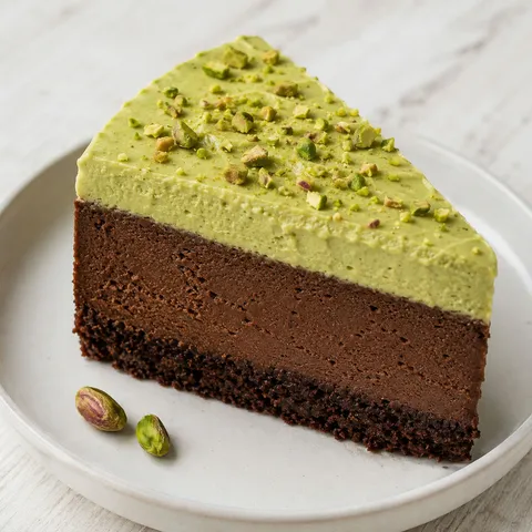 Kawałek sernika czekoladowego z kremem pistacjowym i posiekanymi pistacjami