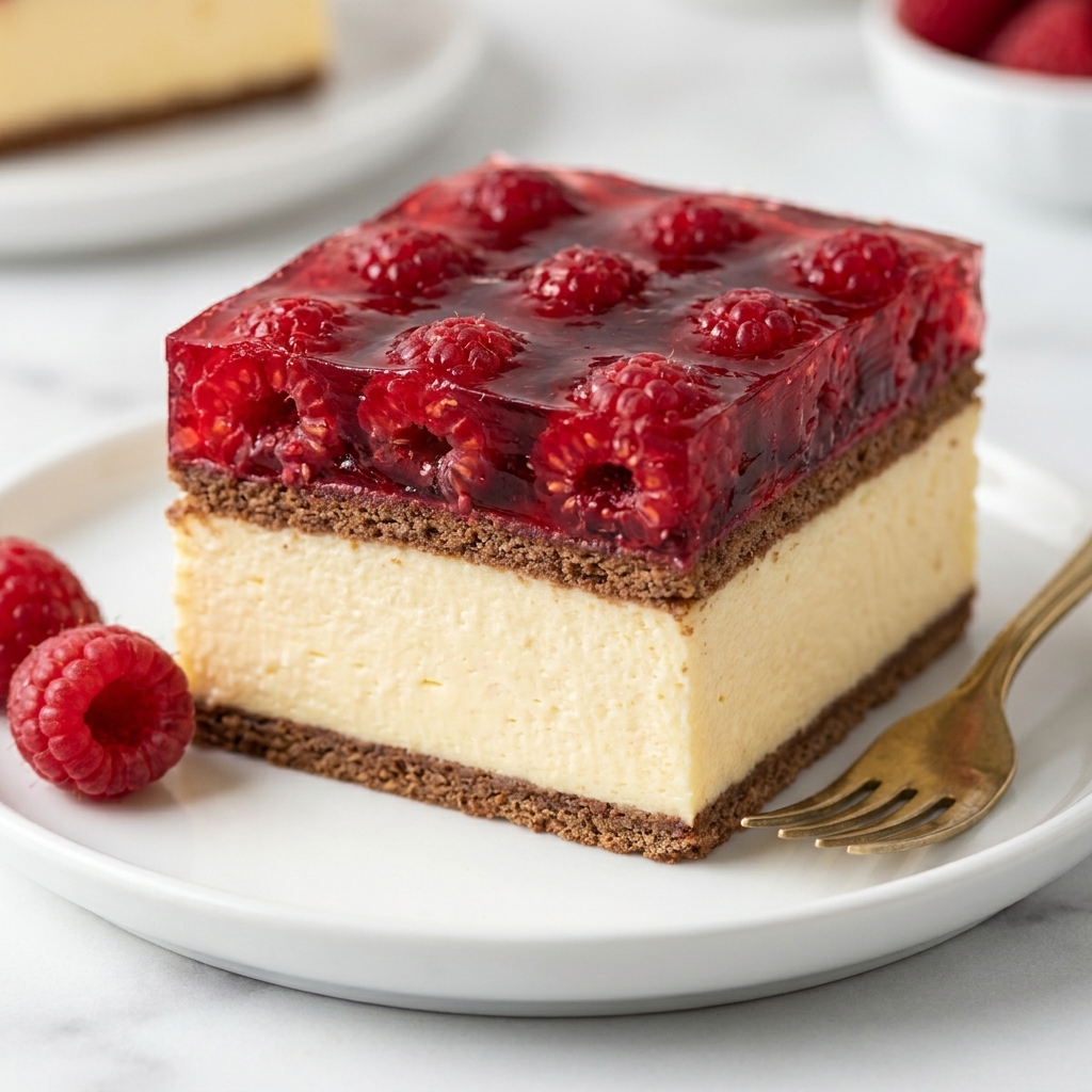 Slice of layered raspberry cheesecake with biscuit layers and glossy jelly topping