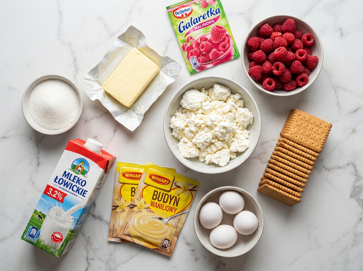 Curd cheese, butter, eggs, biscuits, raspberries and pudding powder on a wooden table