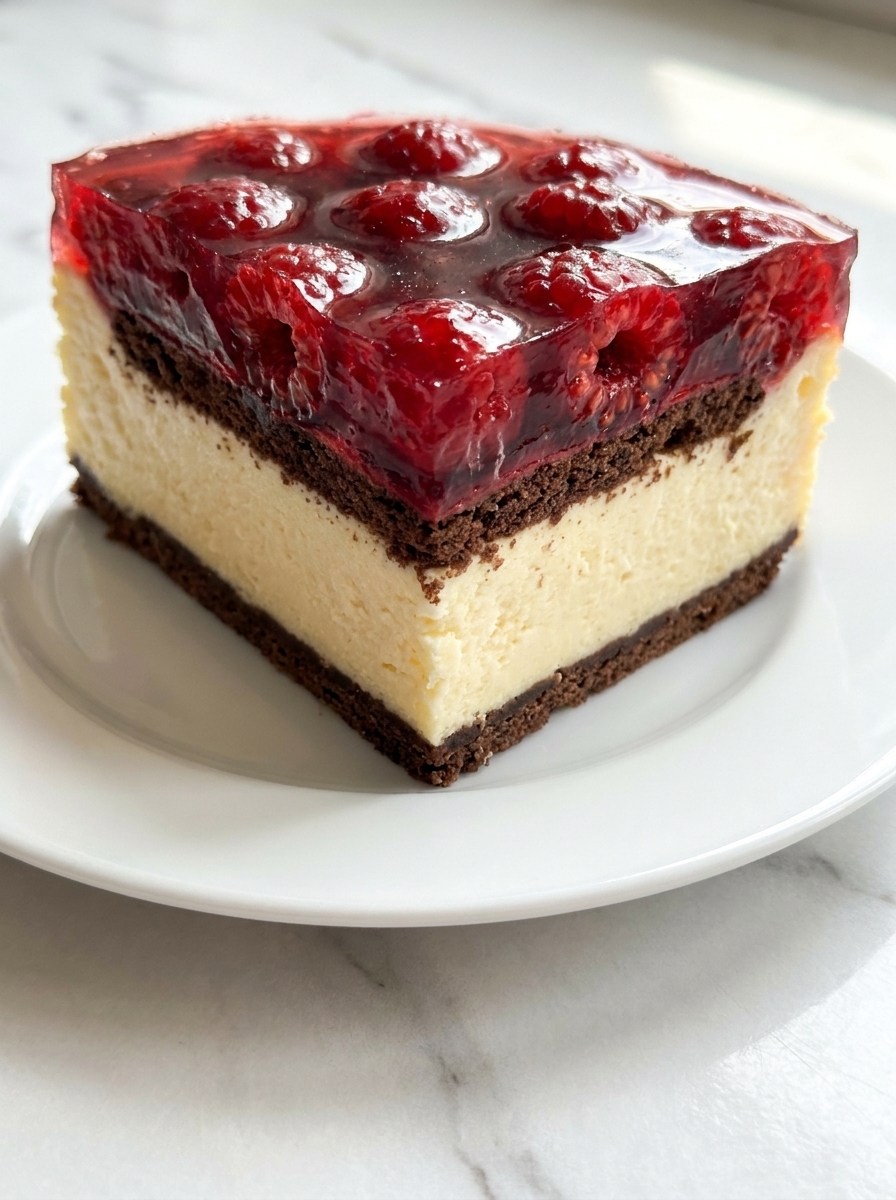 Close-up slice of raspberry cheesecake with creamy layers and glossy jelly glaze