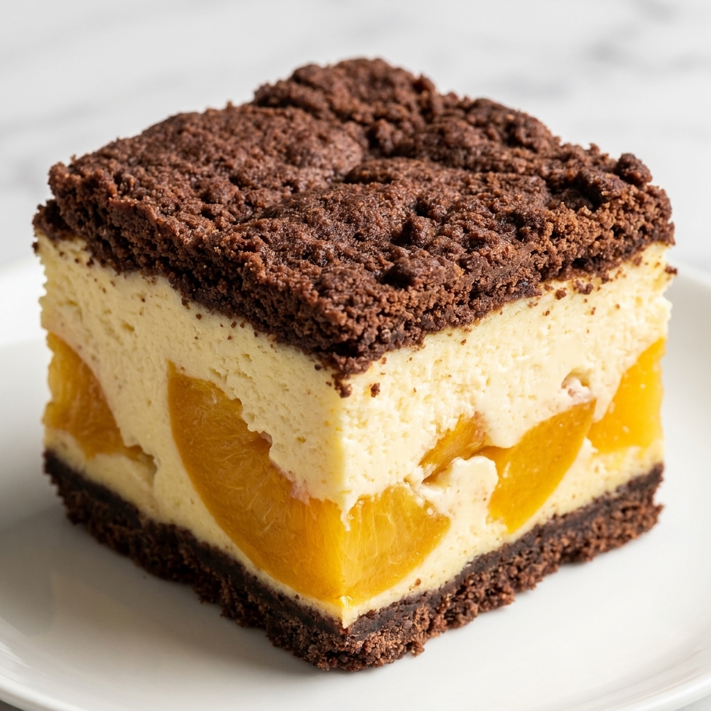 Layered cocoa and peach cheesecake square with a crumbly chocolate top