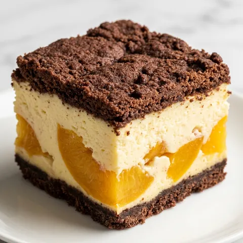 Layered cocoa and peach cheesecake square with a crumbly chocolate top