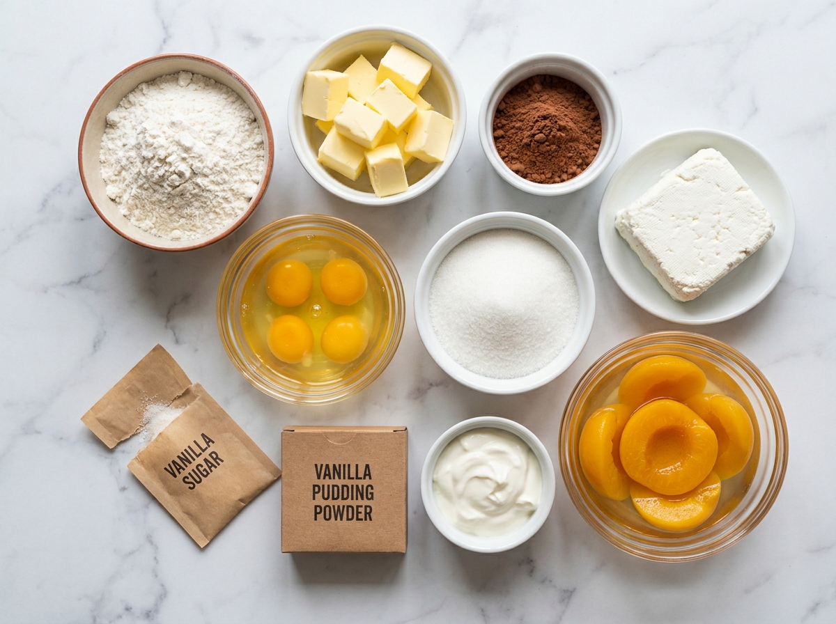 Flour, cocoa, farmer's cheese, eggs, and peach halves for a Polish cheesecake
