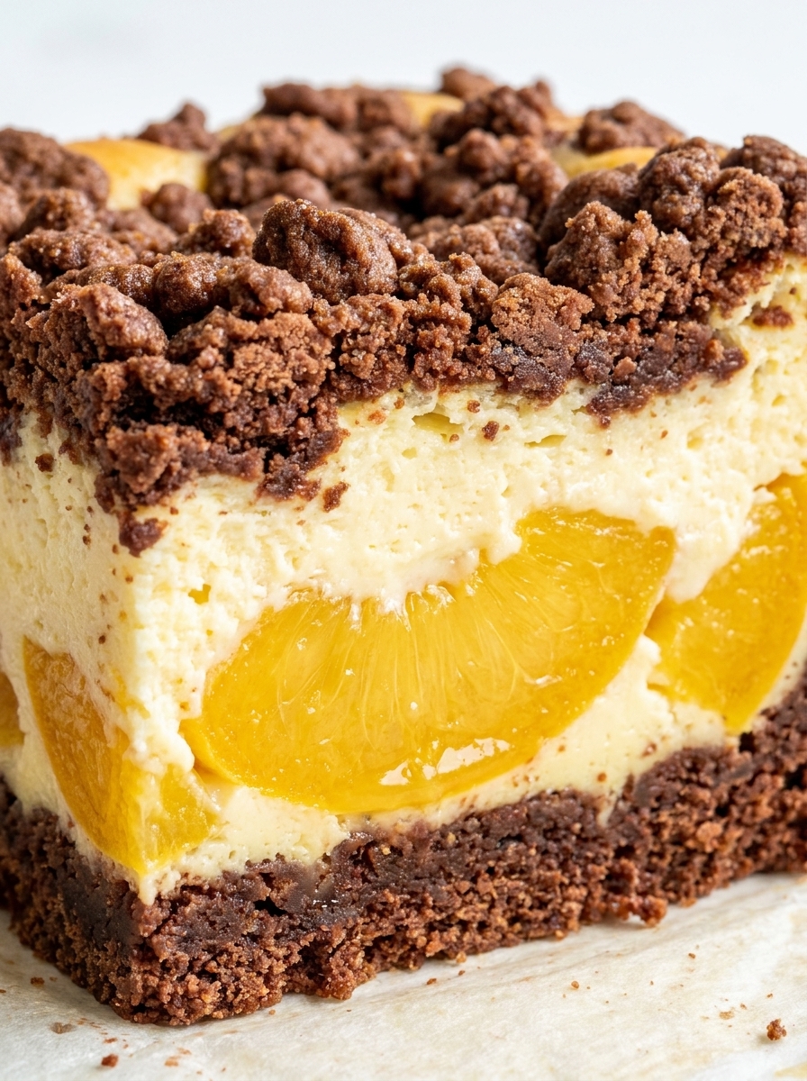Close-up cross-section of cocoa cheesecake layered with peaches