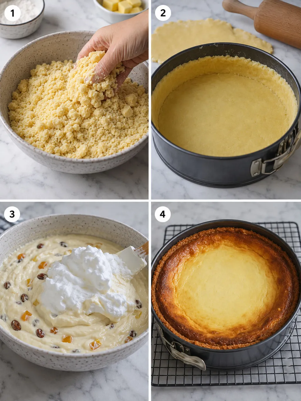 Four steps of making sernik krakowski from mixing to arranging the lattice top