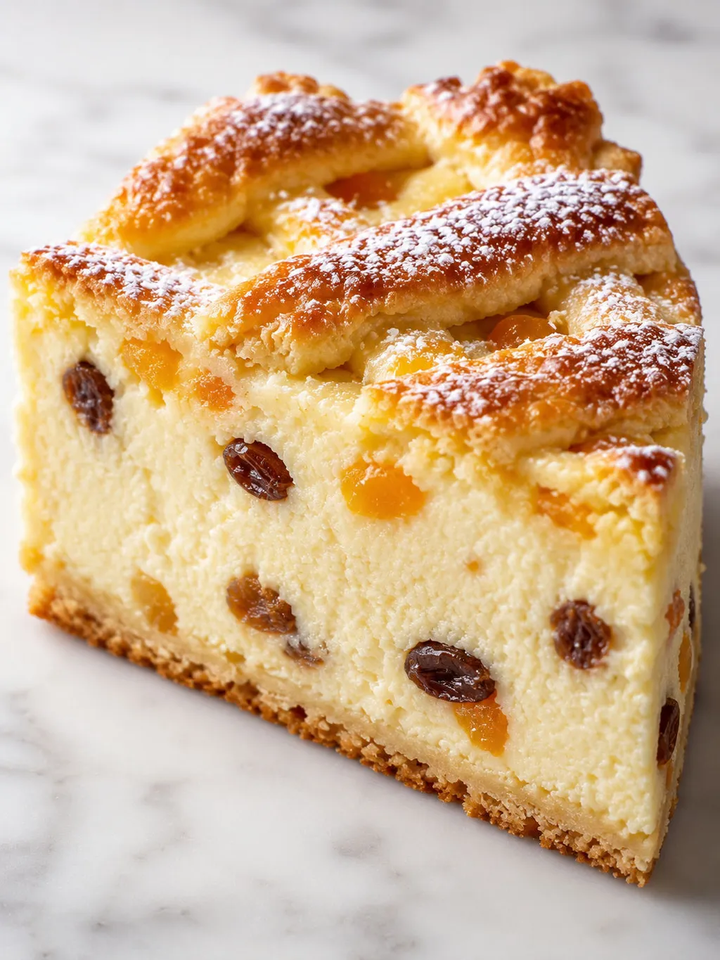 Close-up slice of sernik krakowski cheesecake with lattice top and raisins