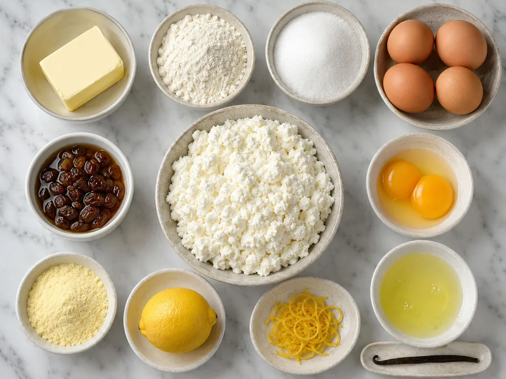 Raw ingredients for baked cheesecake including twaróg, eggs, butter and raisins