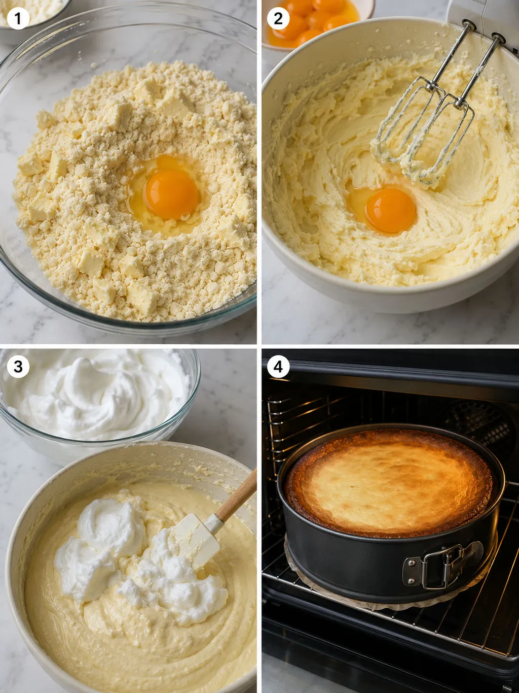 Four steps of making traditional Polish baked cheesecake from crust to finished bake
