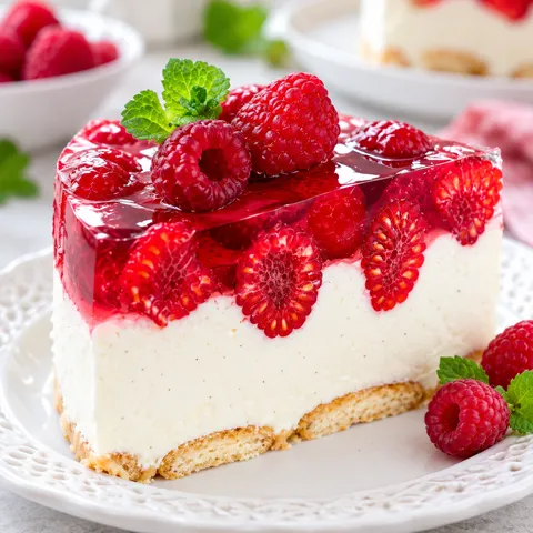 Sernik na zimno z mascarpone, malinami i galaretką na jasnym talerzu