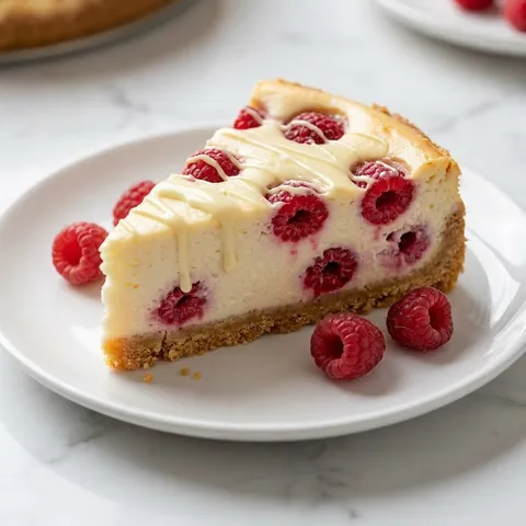 Slice of raspberry white chocolate cheesecake with a biscuit crust and fresh raspberries
