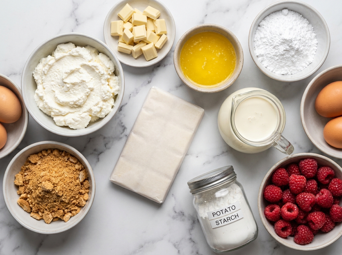 Raw ingredients for raspberry white chocolate cheesecake including farmer's cheese and fresh raspberries