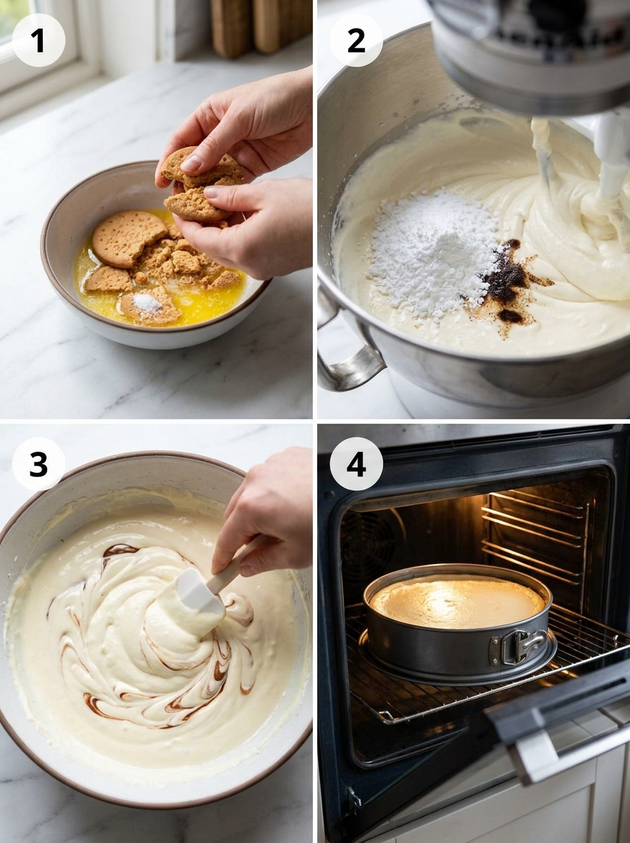 Four steps of making raspberry white chocolate cheesecake from crust to water bath