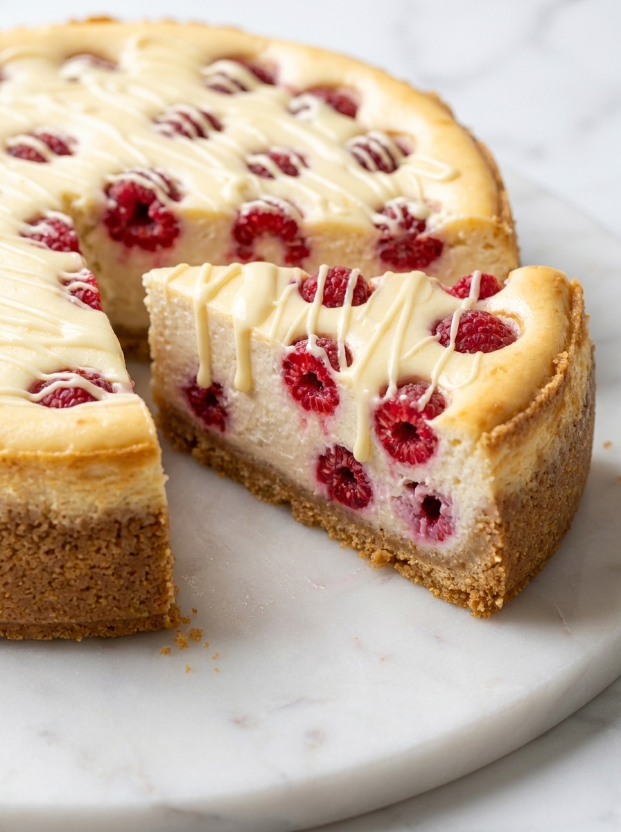 Whole raspberry white chocolate cheesecake with a cut slice showing the creamy interior