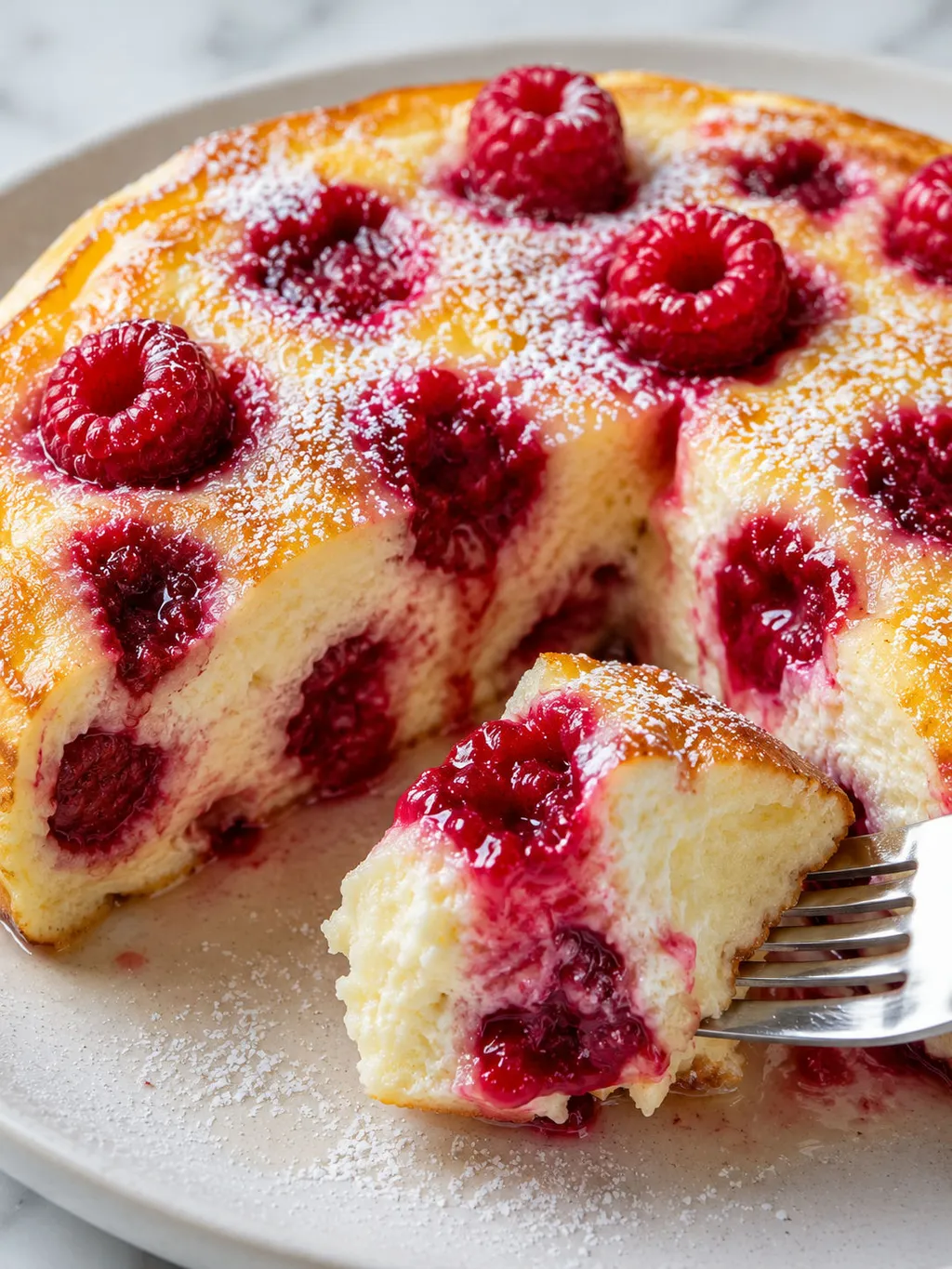 Kawałek sernikowego omletu z malinami na widelcu z sosem malinowym